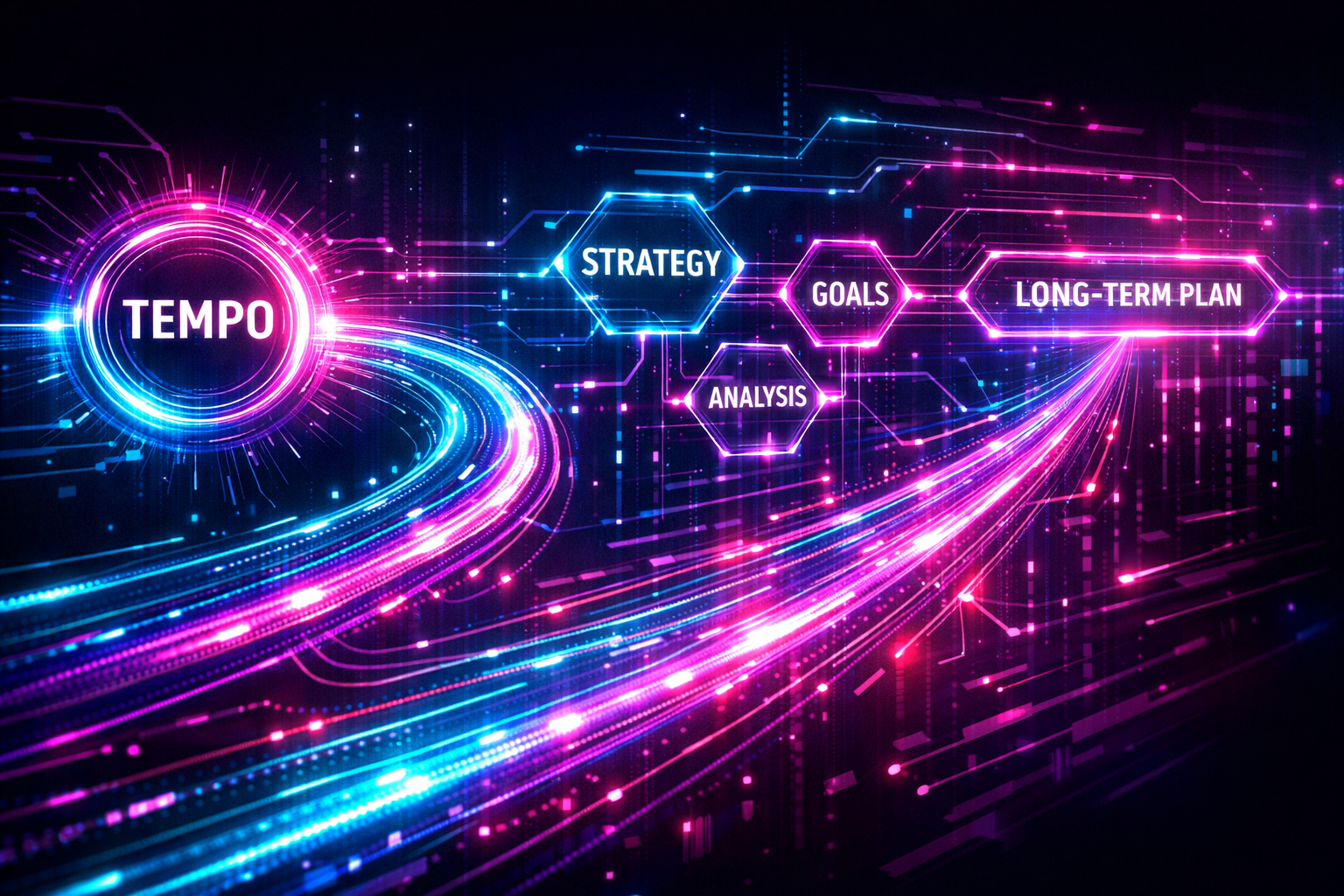 Dijital veri akışı ve strateji planlama konseptini gösteren neon illüstrasyon