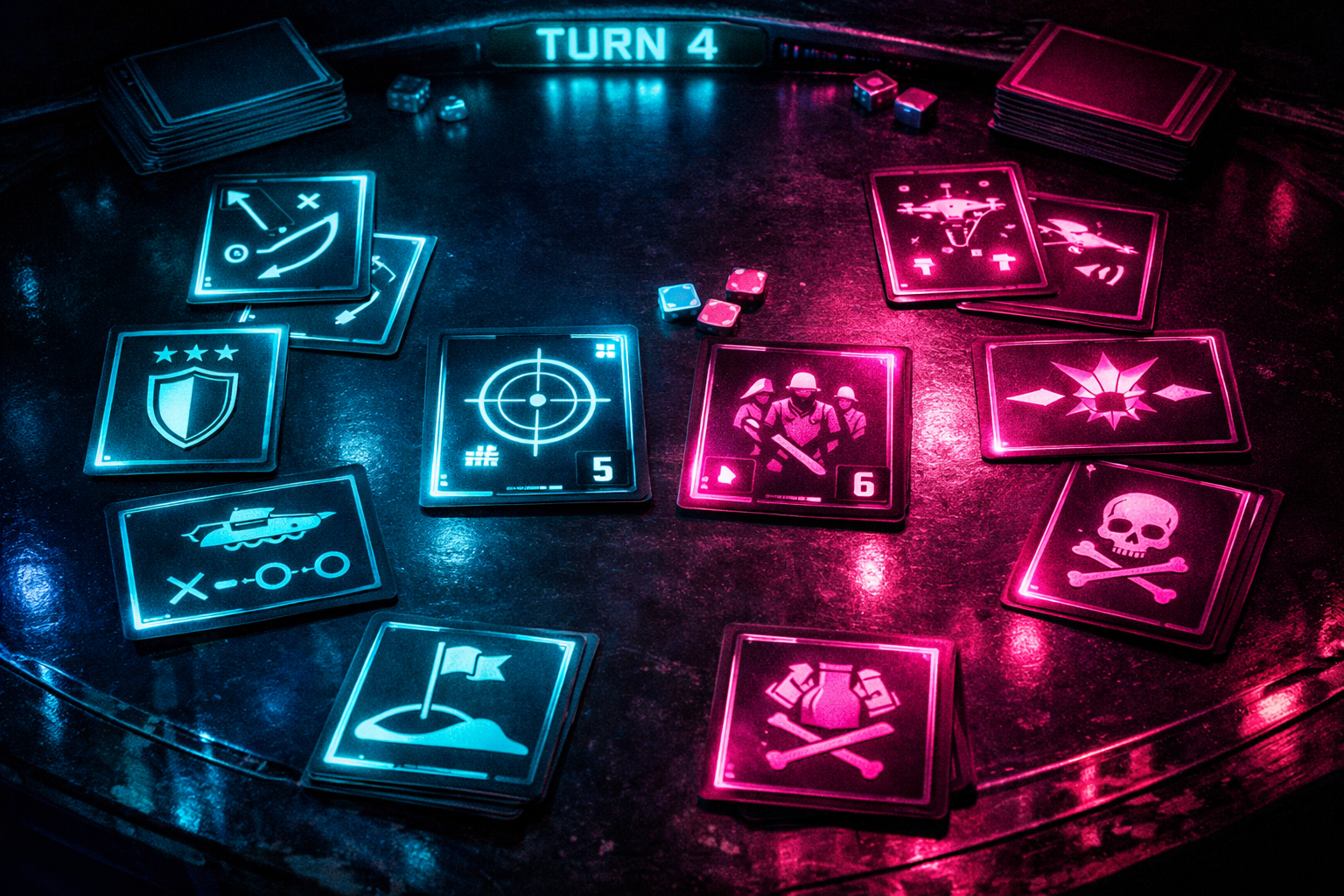 Neon ışıklarla aydınlatılmış strateji kartları masası