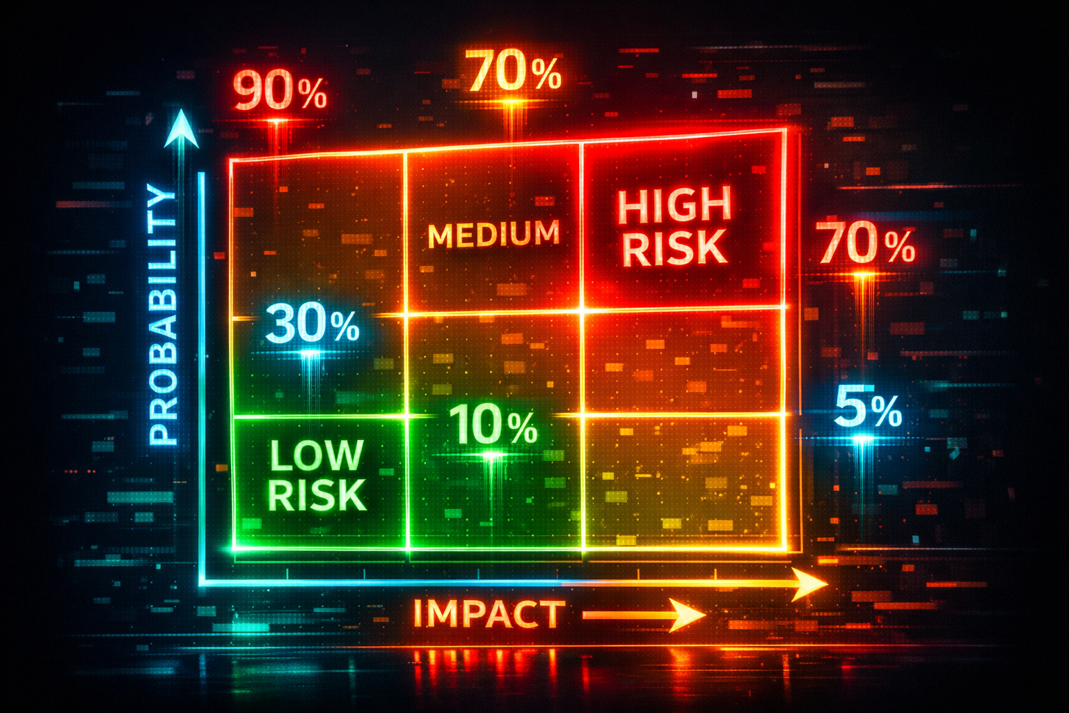 Risk ve olasılık matrisini gösteren dijital neon grafik